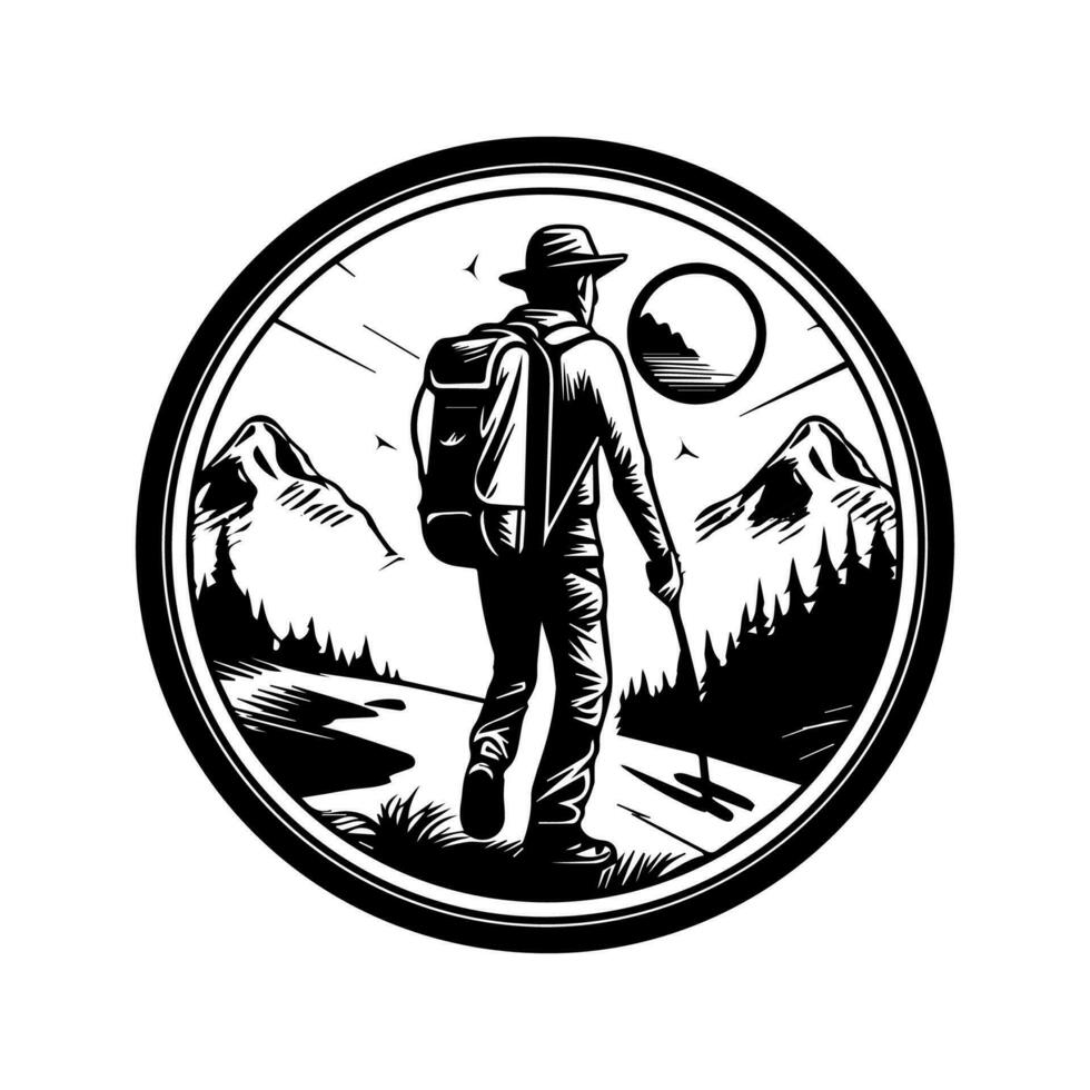 A black and white hiking logo with a male hiker holding a walking stick and backpack vector