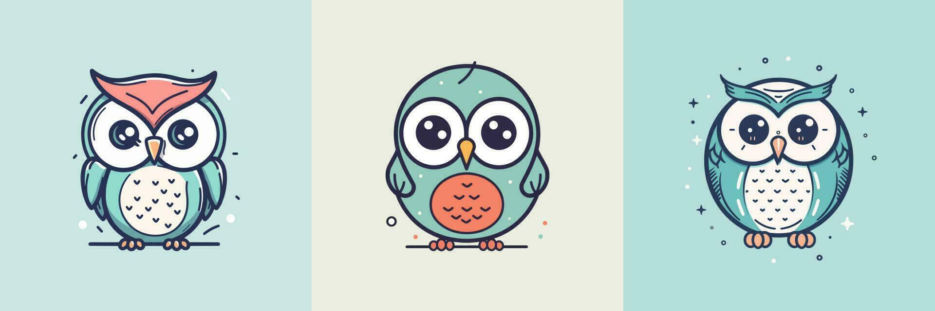 Cute baby owl mascot kawaii cartoon bird illustration set collection vector