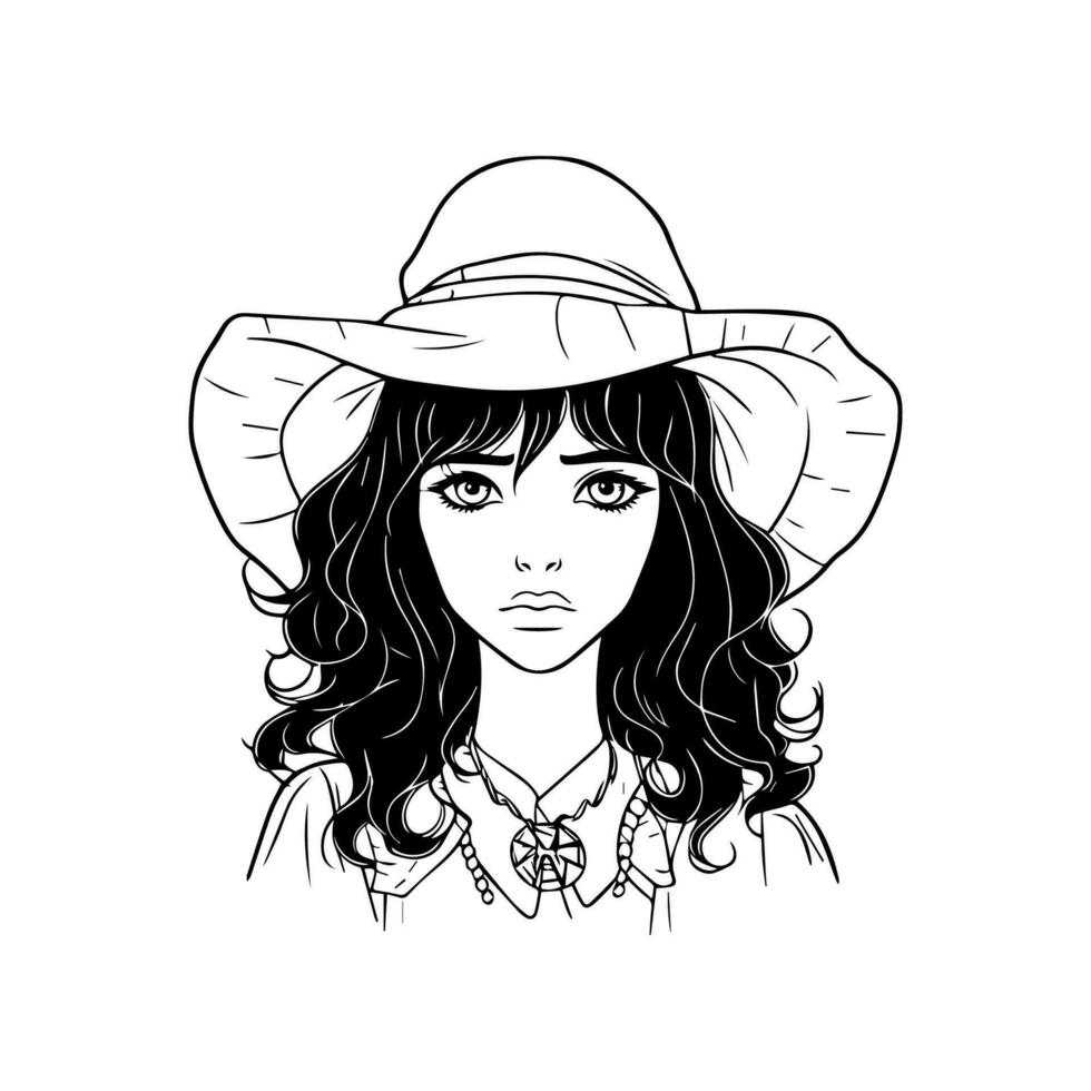 hermosa brujo niña dibujado a mano negro y blanco ilustración vector