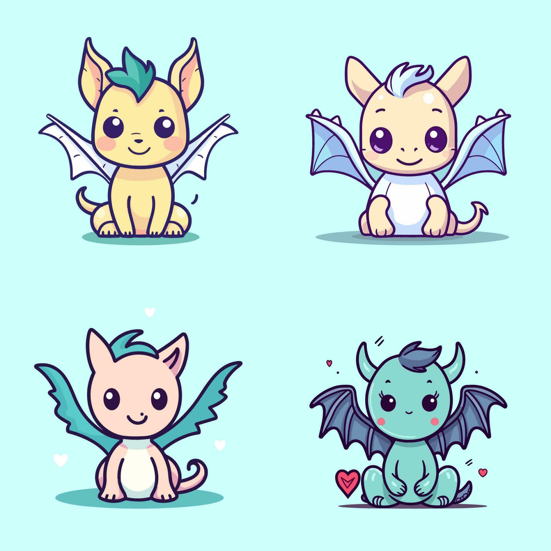 Cute baby dragon kawaii chibi cartoon set collection illustration ...