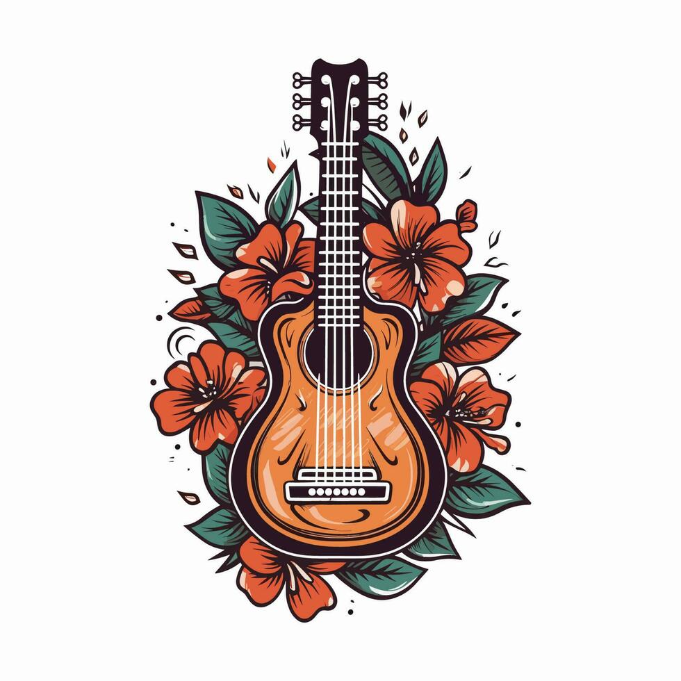 A guitar and flowers come together in this logo design, creating a harmonious and stylish image for a music or nature-inspired brand vector