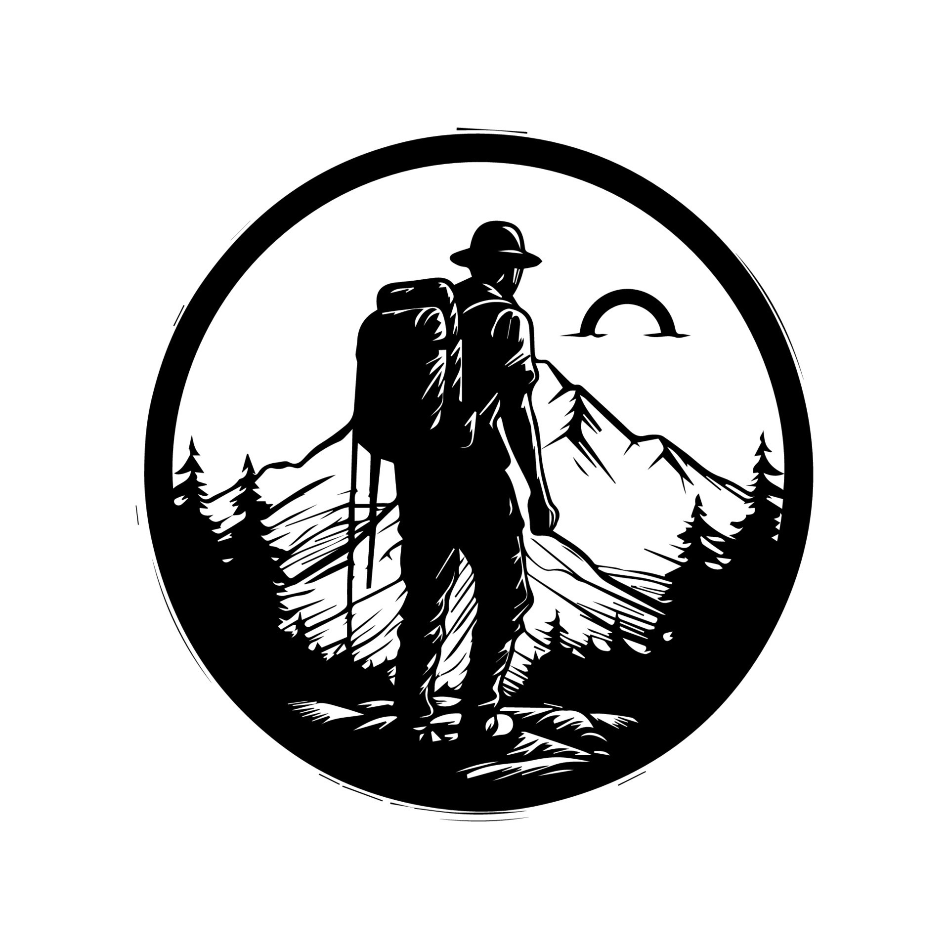 hiking logo design featuring a mountain peak and trekking poles