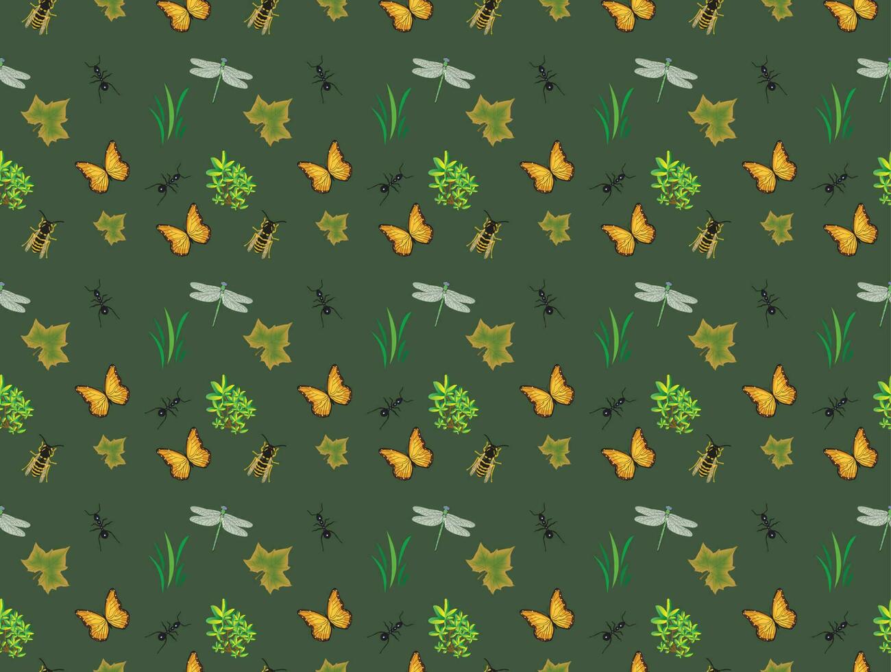 Nature Inspired Insect Butterfly, Ant, Flies, and Floral Seamless Repeatable Pattern vector