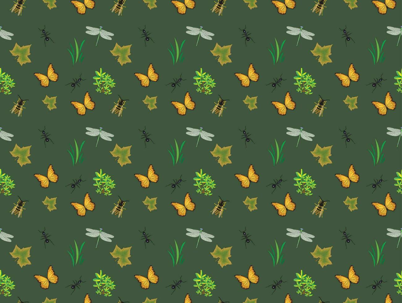 Nature Inspired Insect Butterfly, Ant, Flies, and Floral Seamless Repeatable Pattern vector