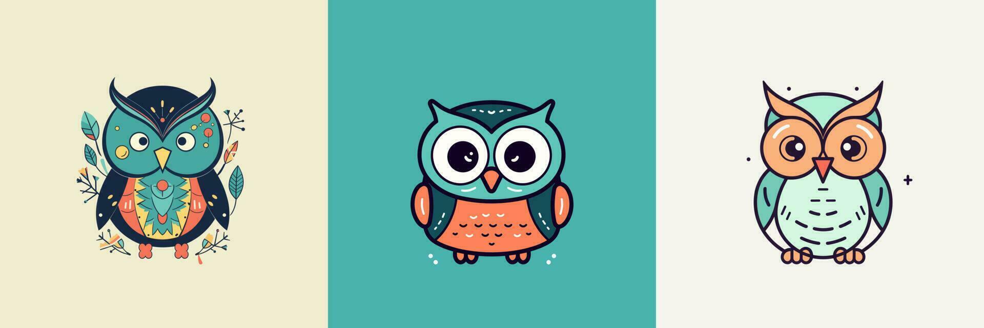 Cute baby owl mascot kawaii cartoon bird illustration set collection vector