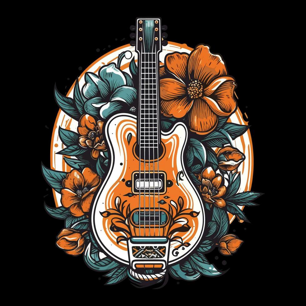 A guitar and flowers come together in this logo design, creating a harmonious and stylish image for a music or nature-inspired brand vector