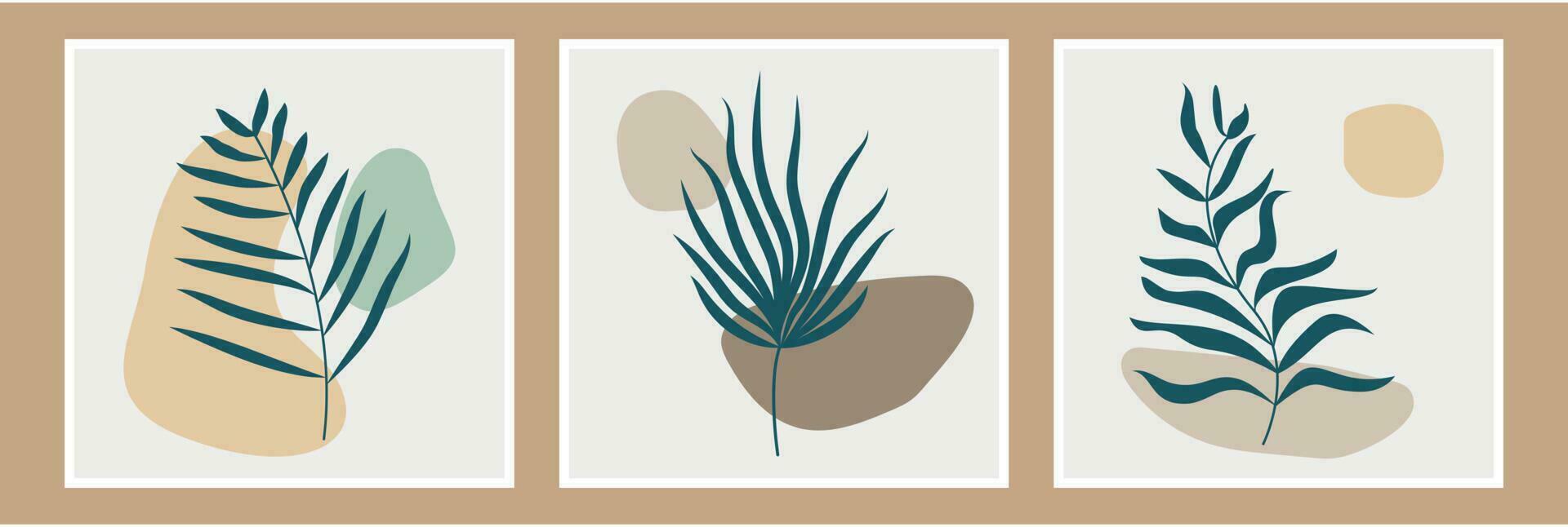 Botanical wall art vector set. Summer and Spring. Tropical Foliage line art drawing with abstract shape. Abstract Plant Art design for print, cover, wallpaper, Minimal and natural wall art.
