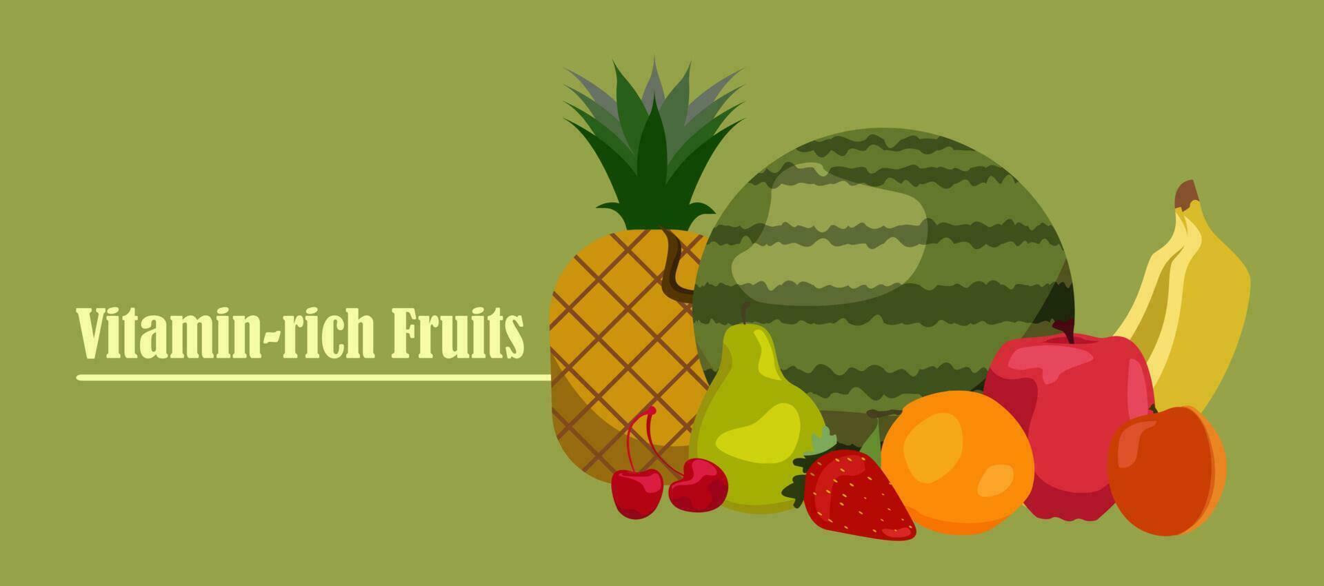 Fruit and berries vector banner set. Vegetarian Food Strawberries, banana and pomegranate Illustation of fruit Pineapple or Apple. Orange, Watermelon apricot, pear, cherry.