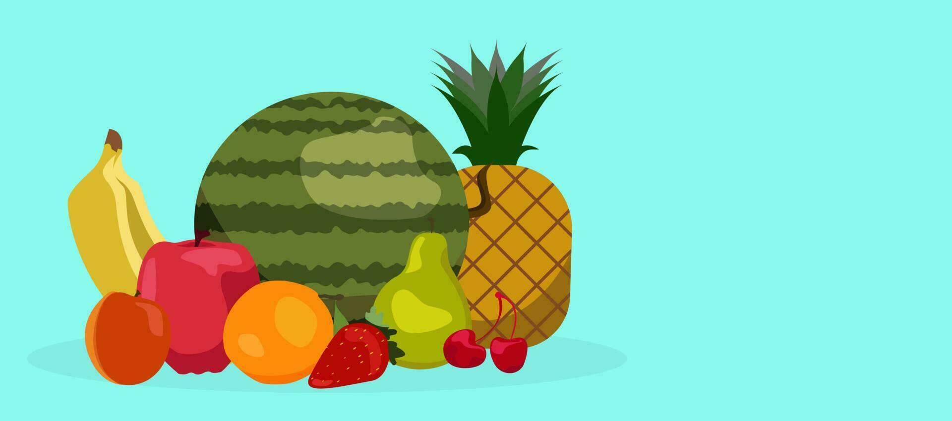 Fruit and berries vector banner. Vegetarian Food set with blue background. Strawberries, banana and pomegranate Illustation of fruit Pineapple or Apple. Orange, Watermelon apricot, pear, cherry.