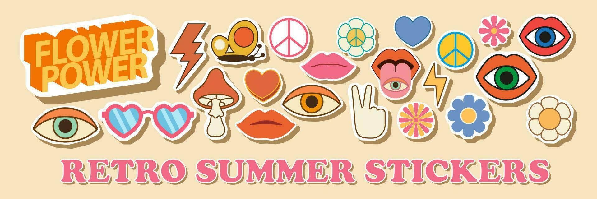 Hippie retro 70s summer stickers icons. Happy hand gesturing peace symbol, flowers, bus and rainbow sunglasses. Guitar, smiling sun and heart with love word. Cartoon style vector set.