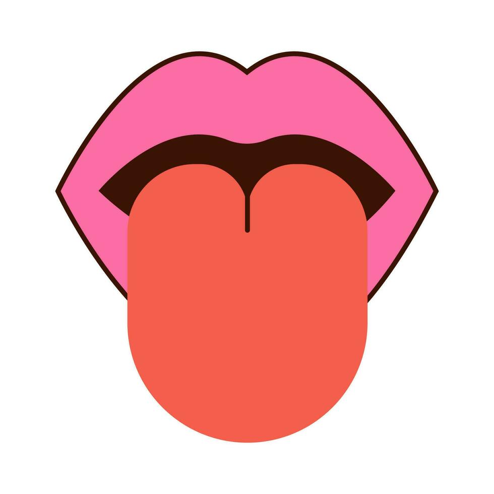 Mouth with tongue sticking out, lips blowing pink and open mouth with eye. Various mimic emotions and facial expressions. Vector illustration in vintage retro style. Flower.