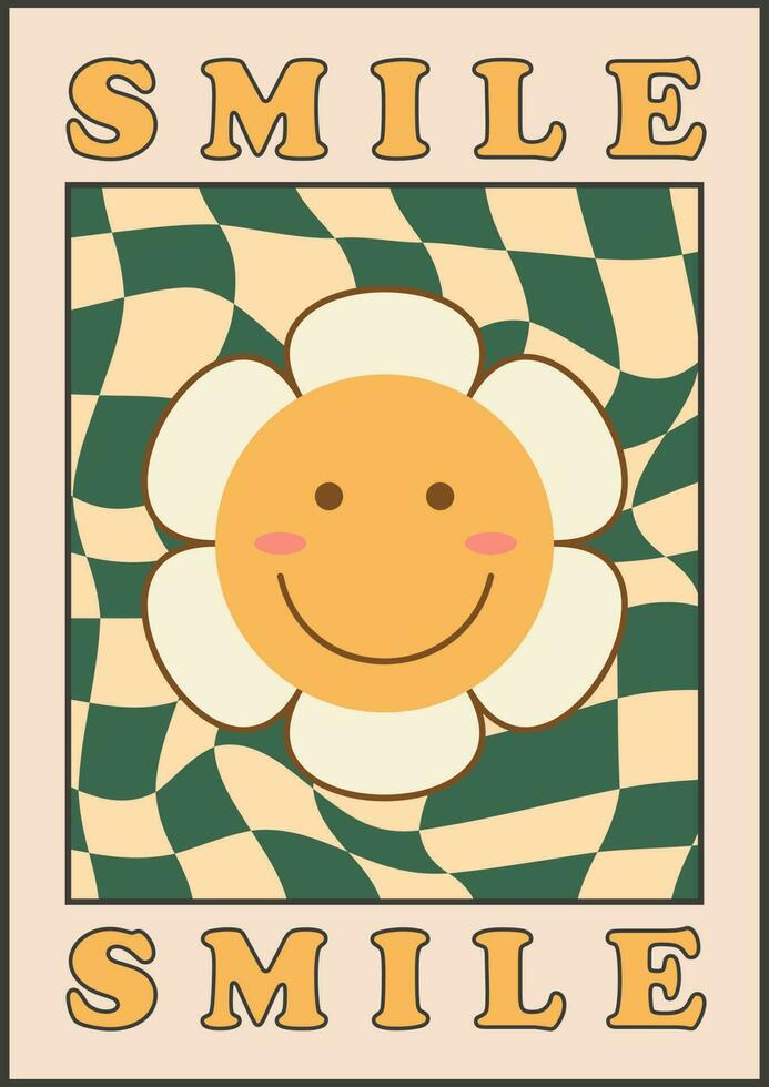 Collection of bright groovy posters 70s. Retro poster with psychedelic flowers and mushrooms, smile face, sun, happy summer or spring. Vintage prints with grunge texture. vector