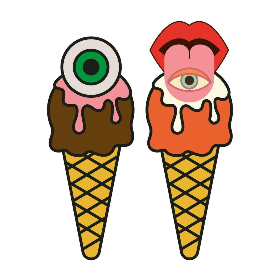 Abstract groovy ice cream cone with eye. 70s, 80s, 90s vibes funky food sticker. Retro dessert vector illustration. Vintage nostalgia element for card, poster design and print.