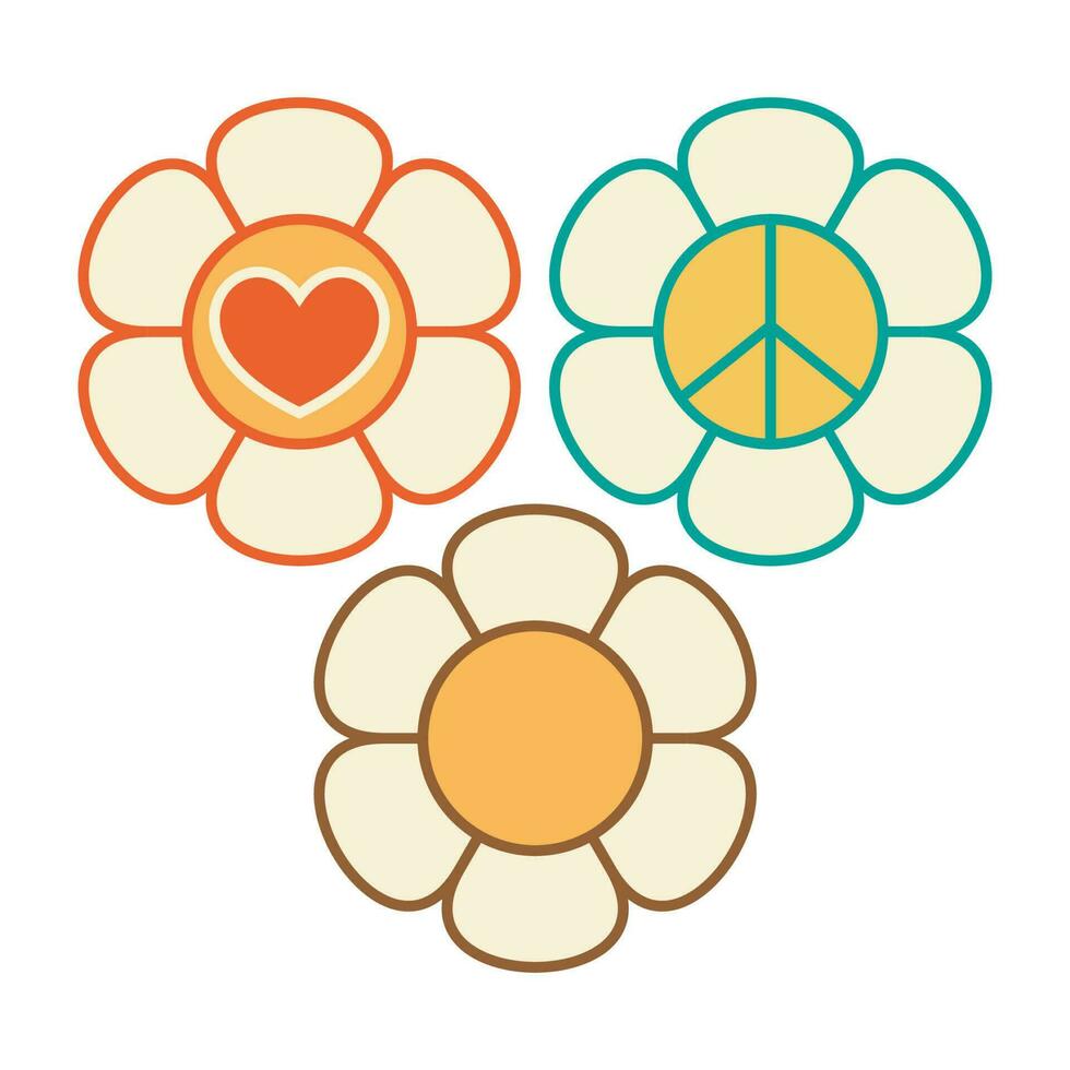 Vintage Flowers 70s design vector illustration. Retro 60s and 80s hippy old flora icon smile face.