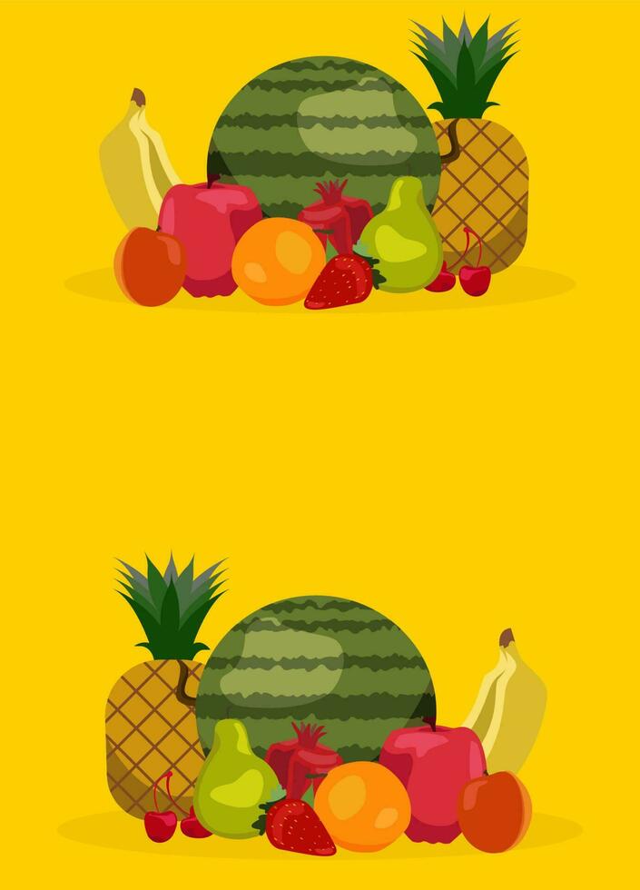 Strawberries, banana, pomegranate, Pineapple, Apple. Organic healthy concept with fresh fruits. Vector set. Orange, Watermelon apricot pear cherry Summer
