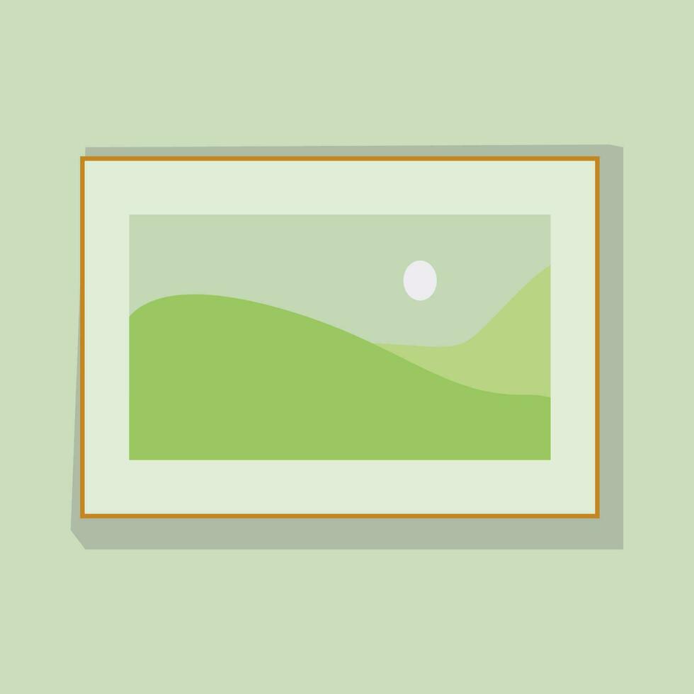 Picture in wooden frame hanging on wall, icon in flat style art object isolated on white background. Natural landscape on painting with green. Design element for interior. vector