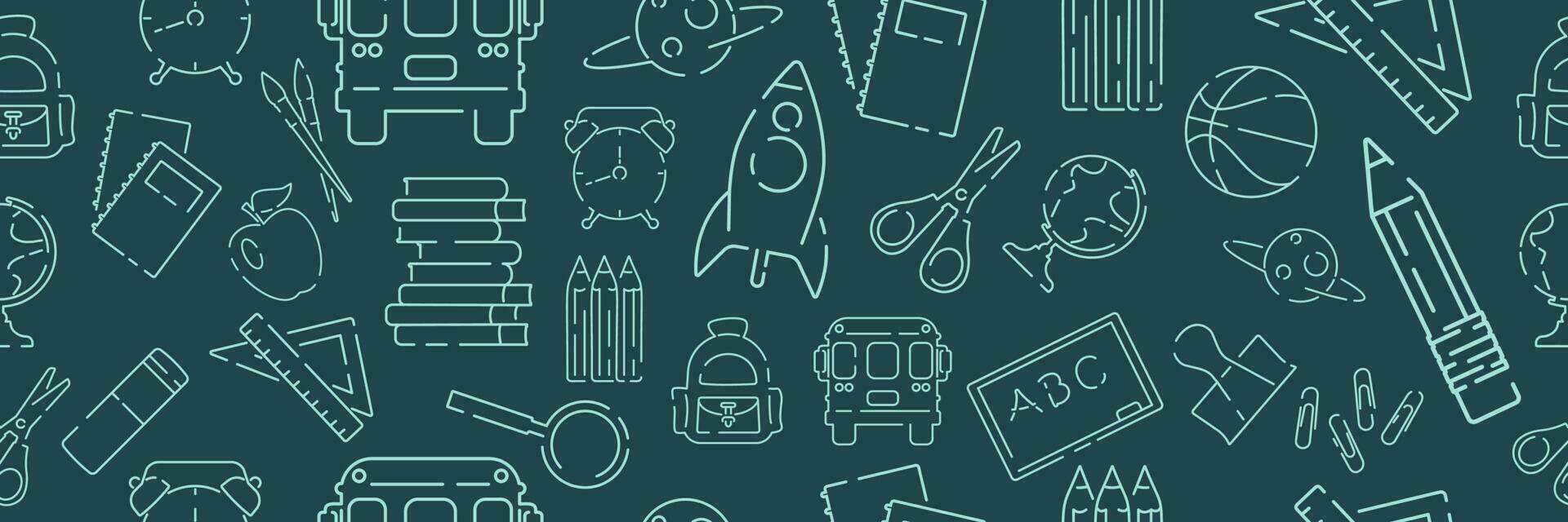 Back to school icons seamless pattern. Green or blackboard background. School, office supplies. Doodle icons and chalk inscription. Banner, poster template. Flat style vector illustration.