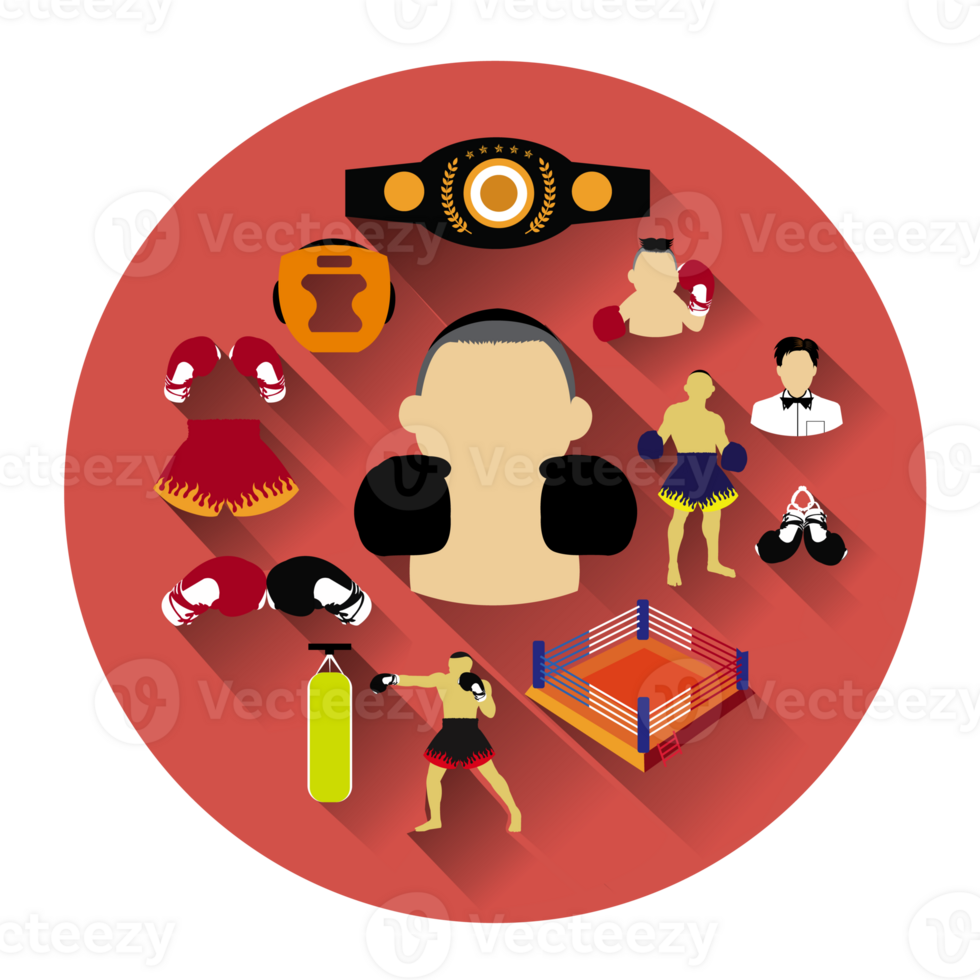 Modern flat boxing icons set with long shadow effect png