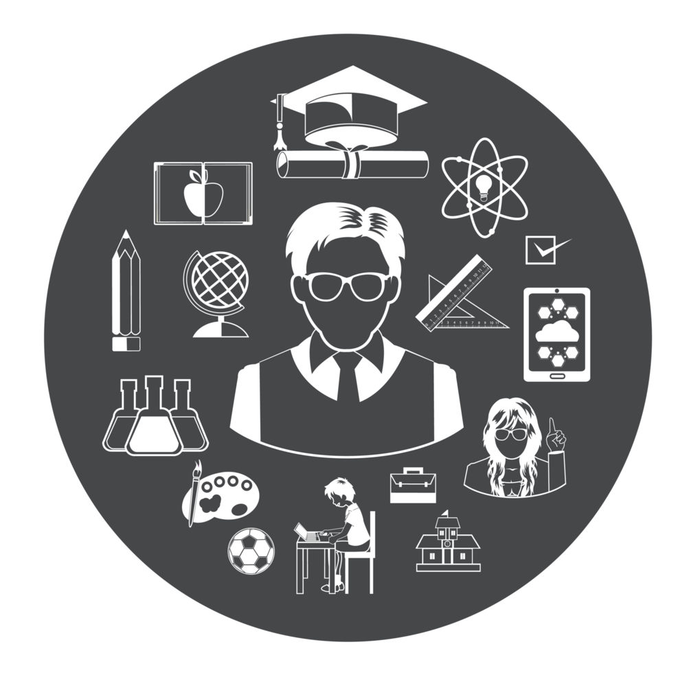 Big grey education icons set with long shadow effect png