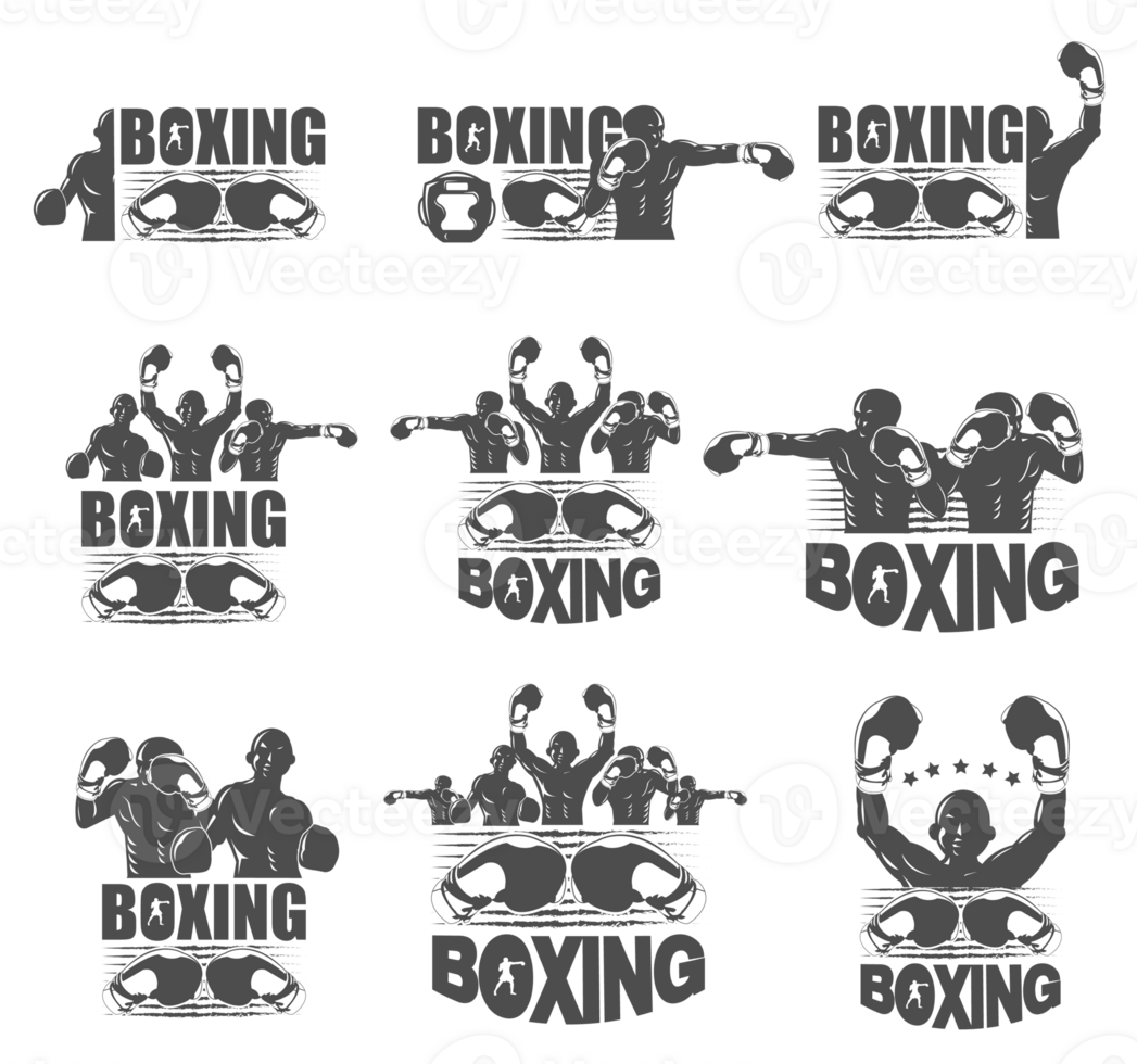 Collection of black and white fighter concept for boxing logo set png