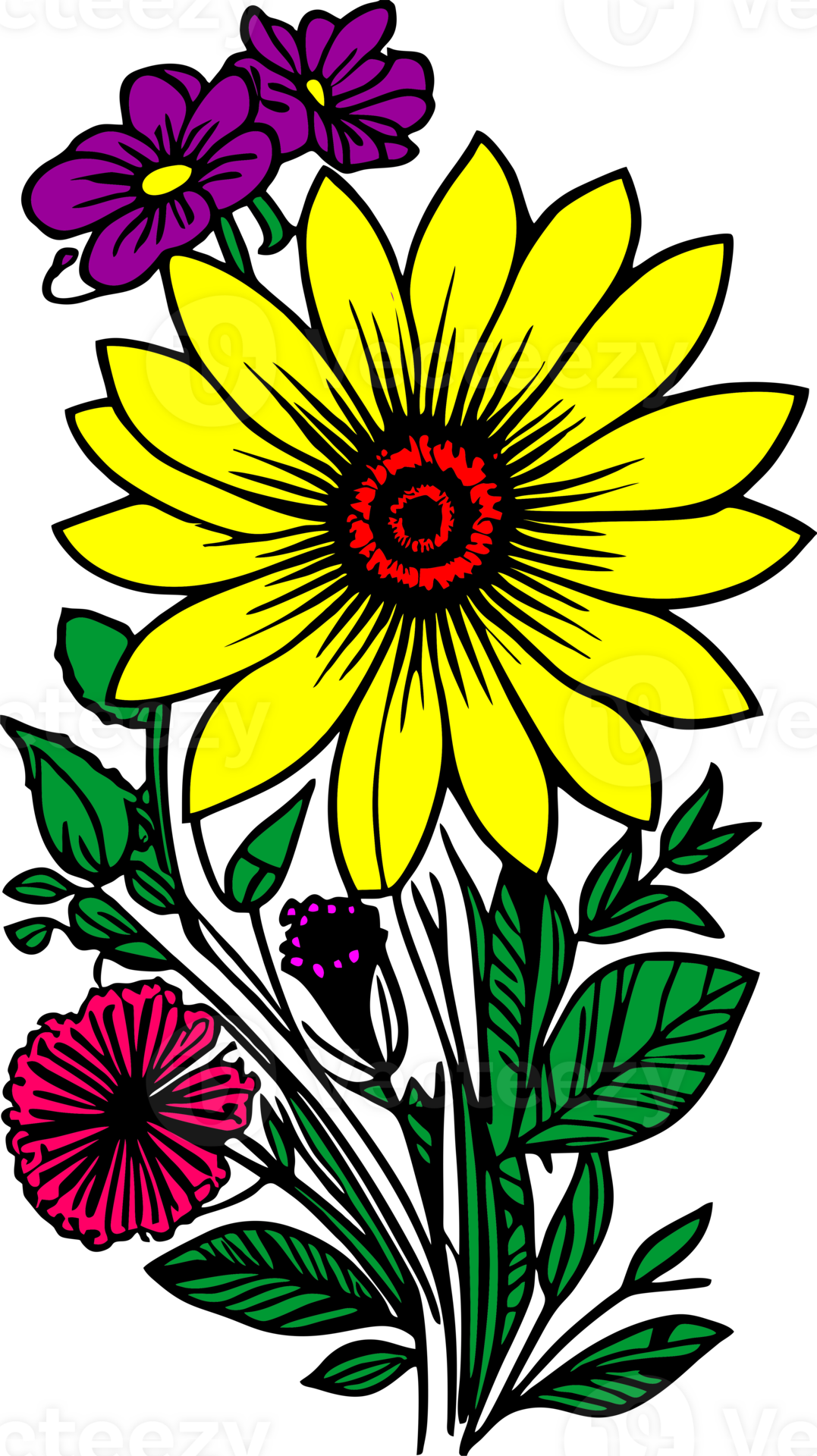 Free stylized bouquet of yellow, purple and red flowers without