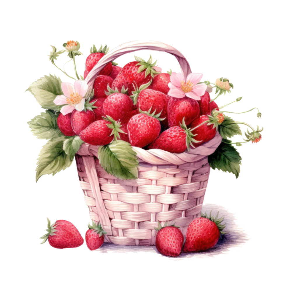 Watercolor strawberries in basket. Illustration png