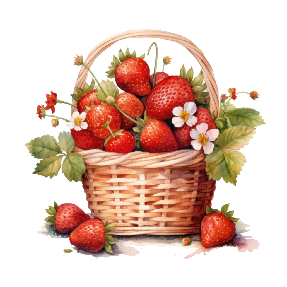 Watercolor strawberries in basket. Illustration png