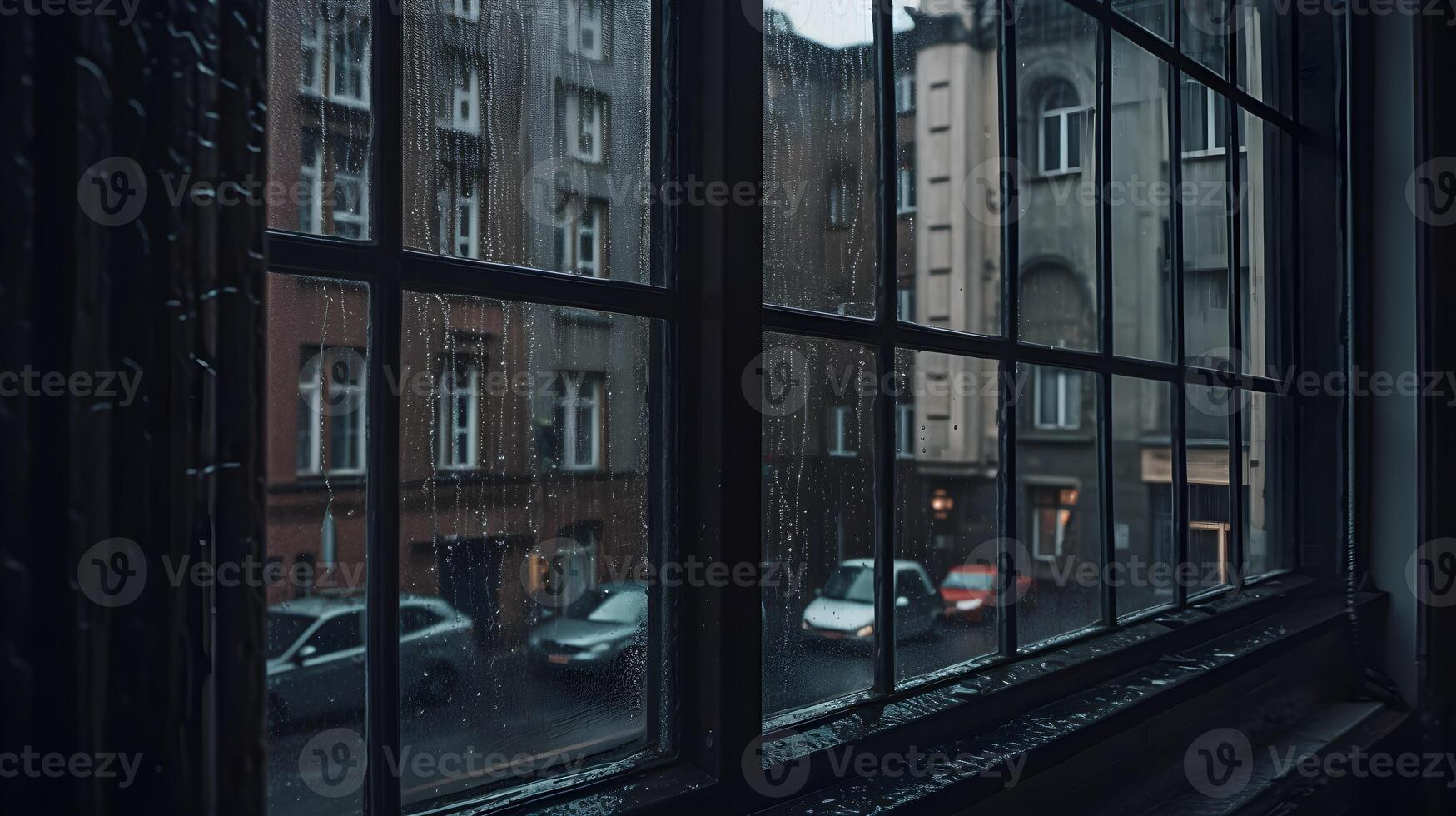 Rain droplet from heavy rain at the glass window view from inside the apartment. Rainy day outside. photo