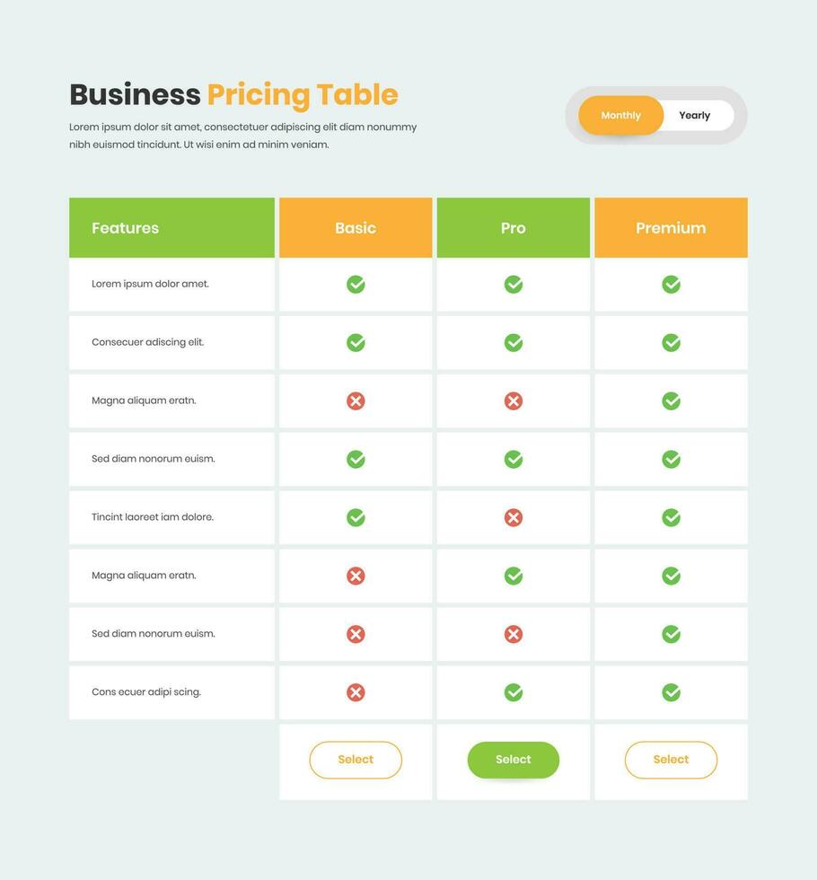 Modern pricing table template with check list for website interface design vector