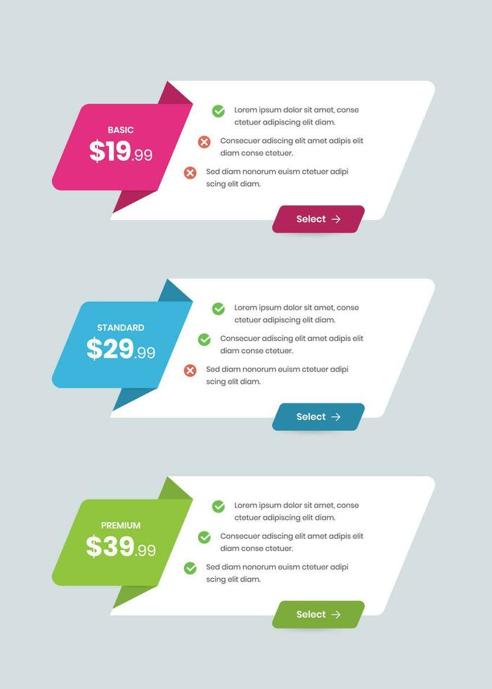 Simple Pricing comparison card with check point for website vector