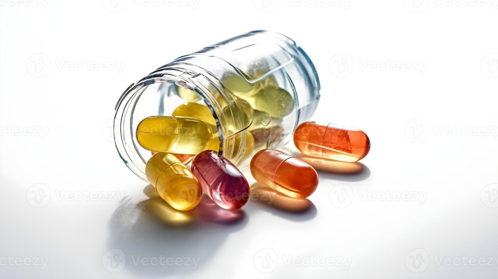 Assortment of pharmaceutical medicine vitamins, pills, softgel in a small container bottle isolated on white background studio shot. photo