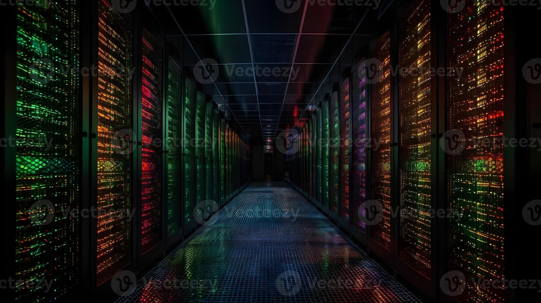Dark colorful data center or server room rack and lot of data light indicator. Information technology, cyberspace data collection, networking database station. photo