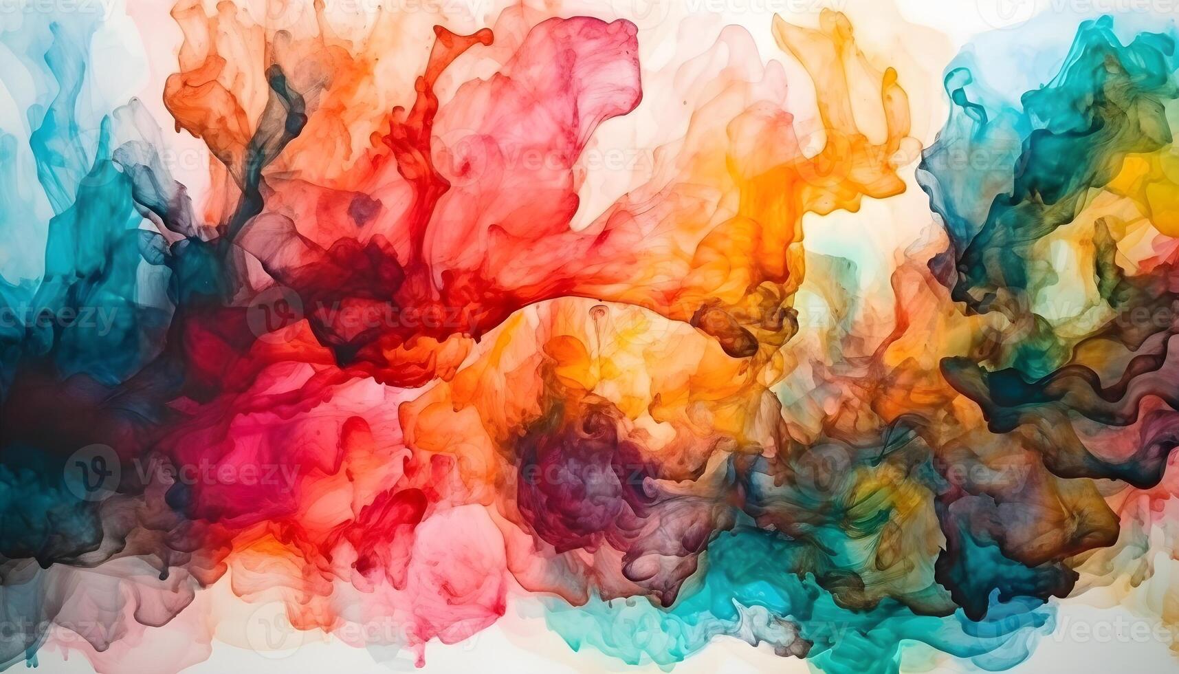 Colorful alcohol ink mixing texture. Fluid ink mix abstract background in liquid. Multicolor ink isolated on white background dissolving in water. photo