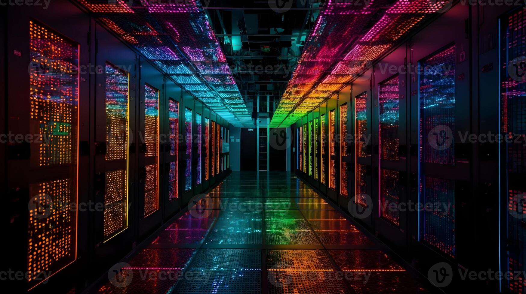 Dark colorful data center or server room rack and lot of data light indicator. Information technology, cyberspace data collection, networking database station. photo