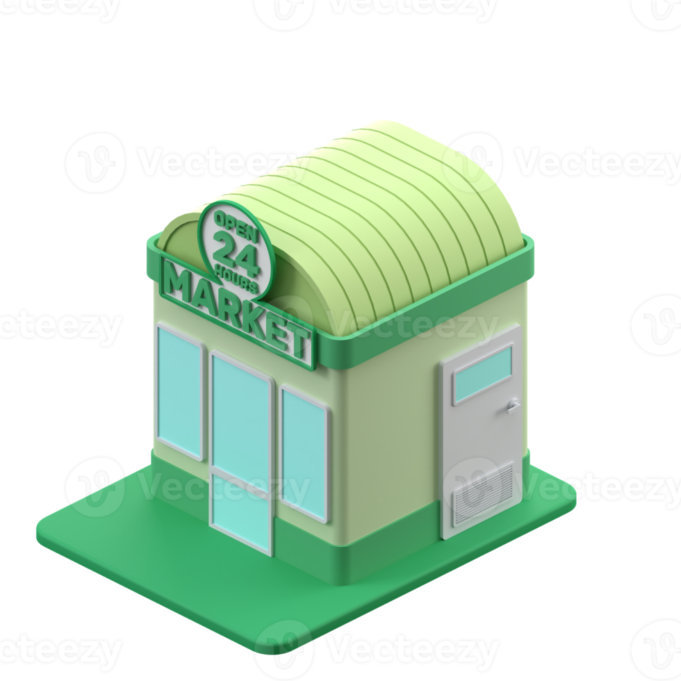 3D rendering of a isometric 24 hours shop building illustration png