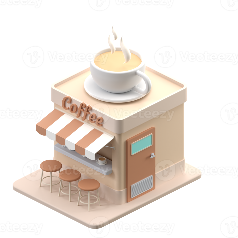 3D rendering of a isometric coffee shop building. Object on a transparent background. png