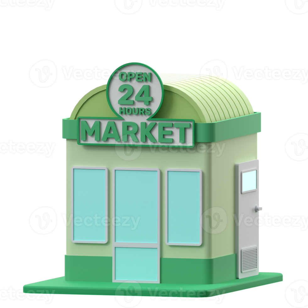 3D rendering of a 24 hours shop building illustration png