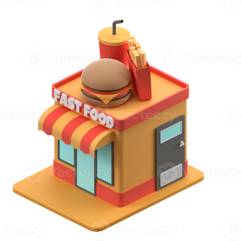 3D rendering of a isometric fast food shop building illustration png