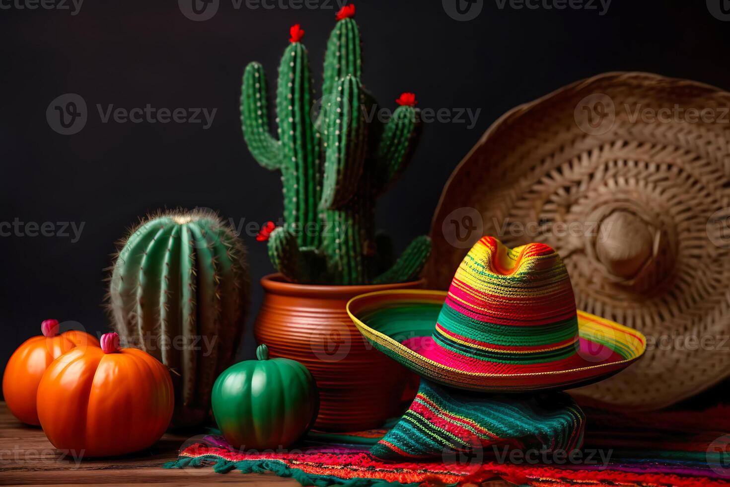 Cinco de Mayo holiday background. Mexican cacti and party sombrero hat. illustration photo