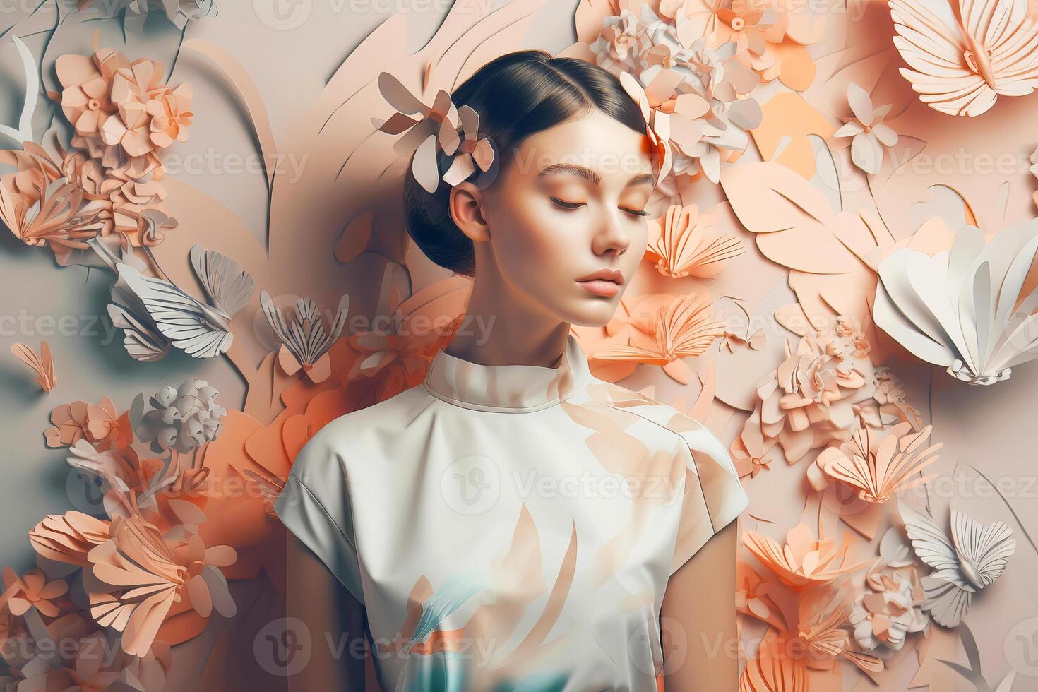 Beautiful woman in flowers. Mental health, women's day or mother's day concept. illustration photo