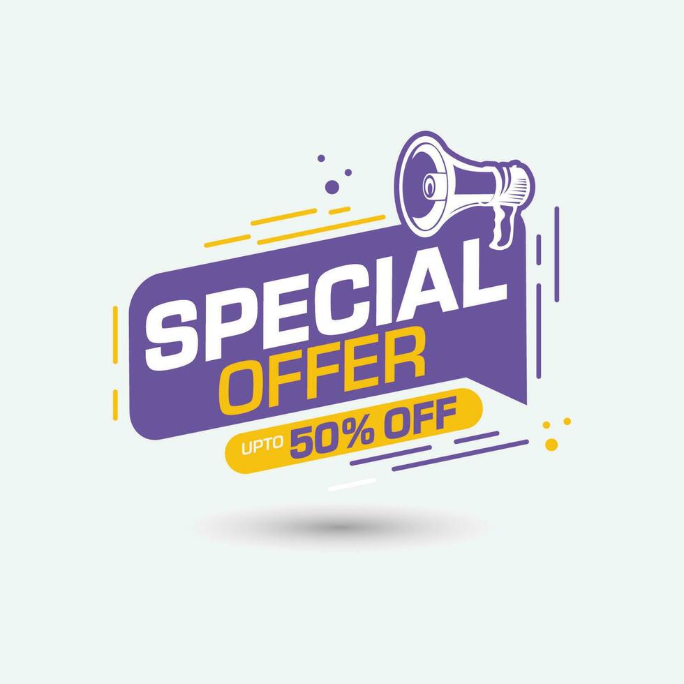 special offer discount badge with megaphone and 50 percent off tag, sale banner template vector