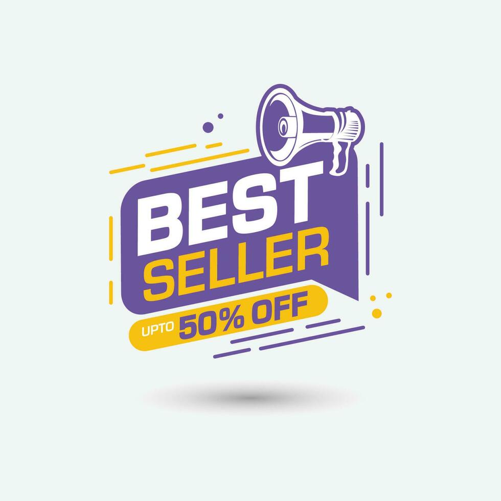 best seller badge with megaphone and 50 percent off tag, sale banner template vector