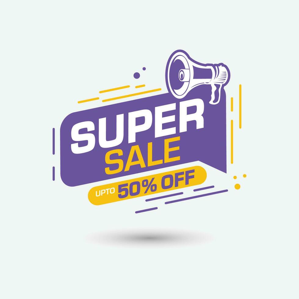super sale discount badge with megaphone and 50 percent off tag, sale banner template vector