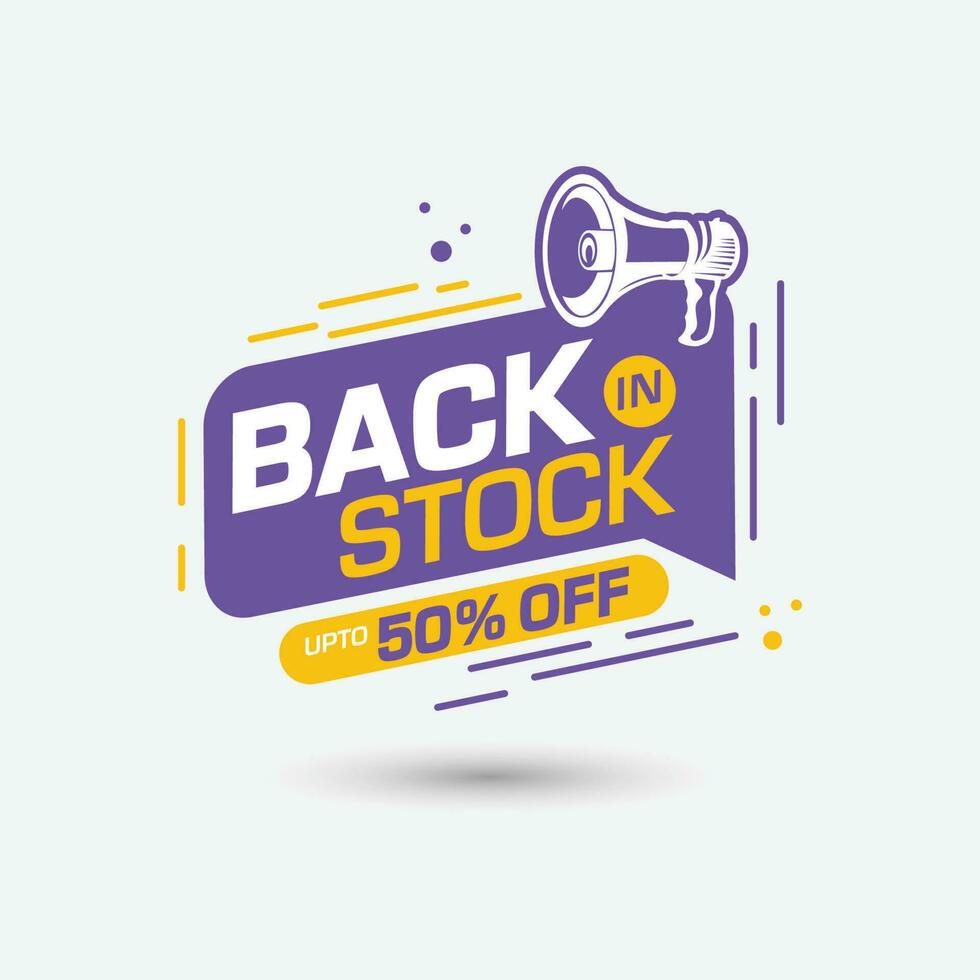 back in stock discount badge with megaphone and 50 percent off tag, sale banner template design vector