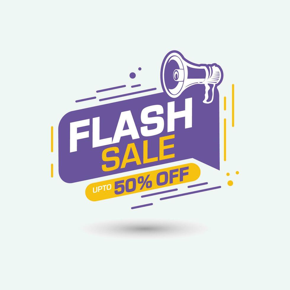 flash sale discount badge with megaphone and 50 percent off tag, sale banner template vector