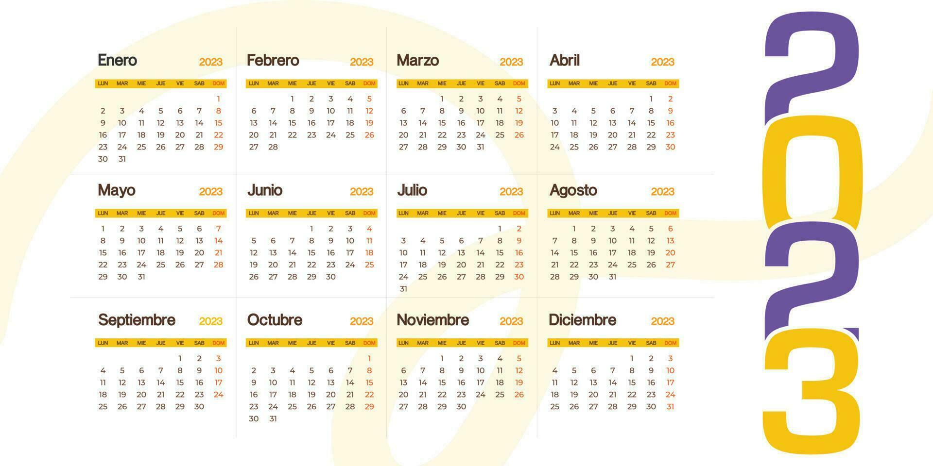 spanish 2023 calendar minimalistic look, week start from sunday classic vector