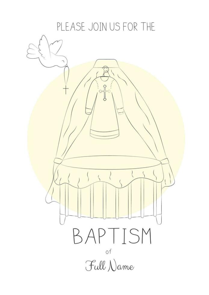 Baptism Invitation Template Baby Cradle with Baptismal Gown and Dove Peace in Doodle Style vector