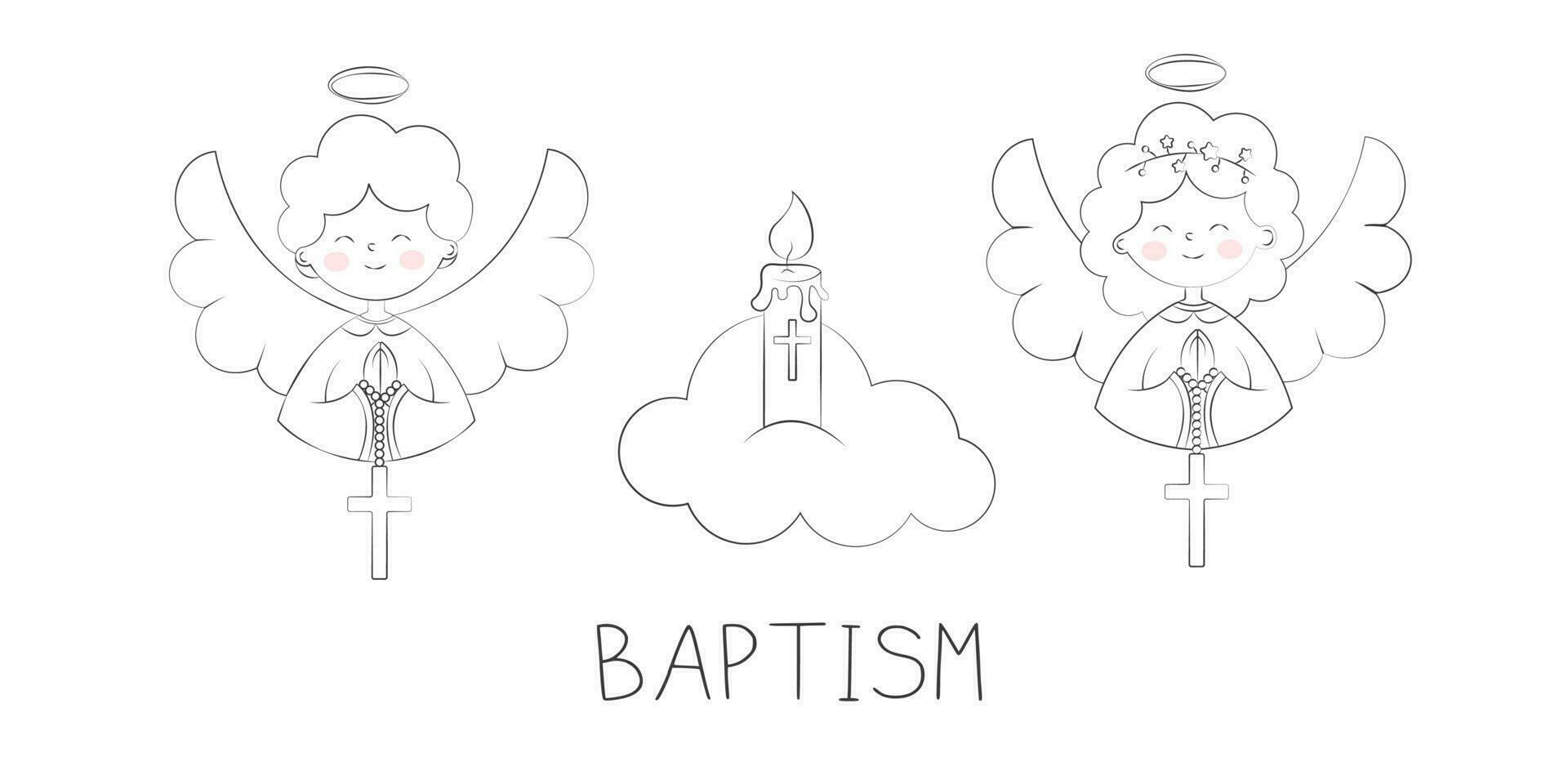 Cute Angels Girl and Boy in Festive Attire with Folded Hands on the Chest for Prayer and a Cross Hanging on the Folded Hands Cloud and Candle Vector Illustration Banner for Baptism in Doodle Style