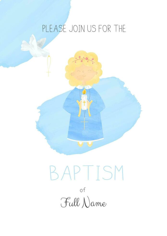 Cute Girl Holding a Candle and a white Dove of Peace flying with a Cross in its Beak Baptism Invitation Template in a Watercolor Style vector