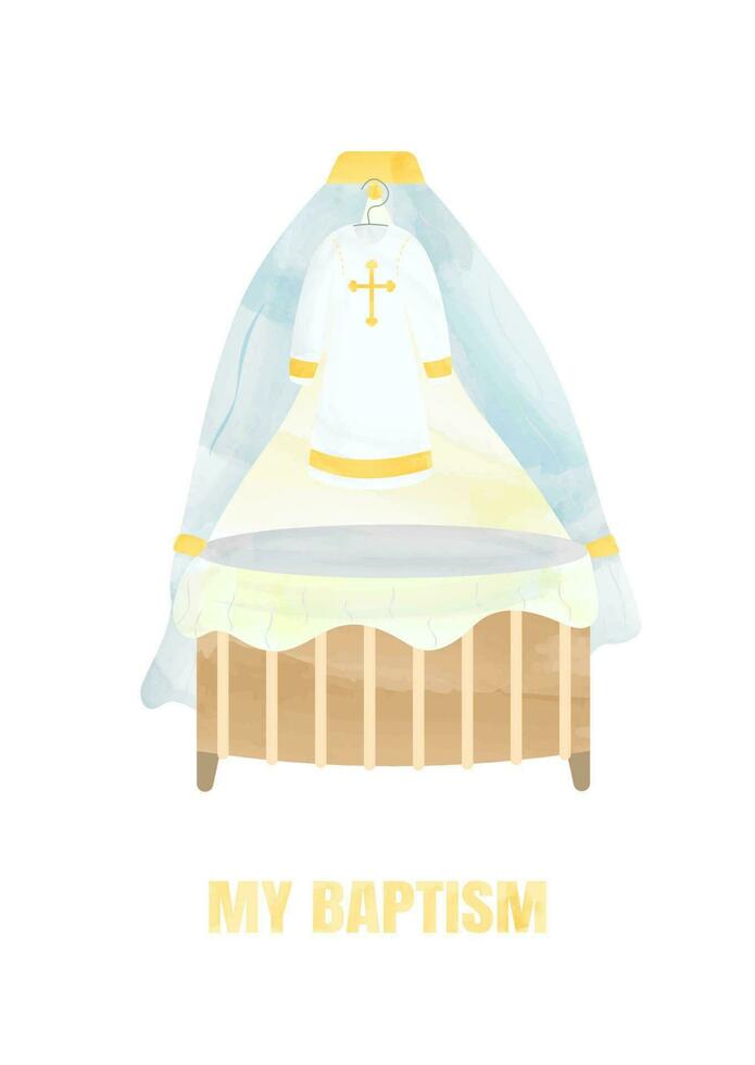 Baptism Invitation Template Baby Cradle with Baptismal Gown in Watercolor Style vector